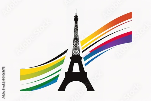 The logo for the Paris Olympic Games features an Eiffel Tower with five colored stripes in the style of minimalism. It has a simple, flat design with a black outline on a white background.  photo