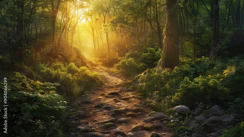 Obraz premium The setting sun casts a warm golden glow through the foliage of a forest highlighting a meandering trail bordered with greenery and rocks The tranquil scene evokes a sense of peace and the beauty o