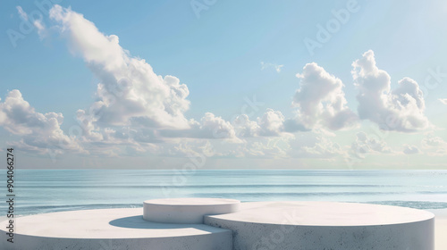 A contemporary podium designed for product display, set against a beach backdrop. The sky is a clear