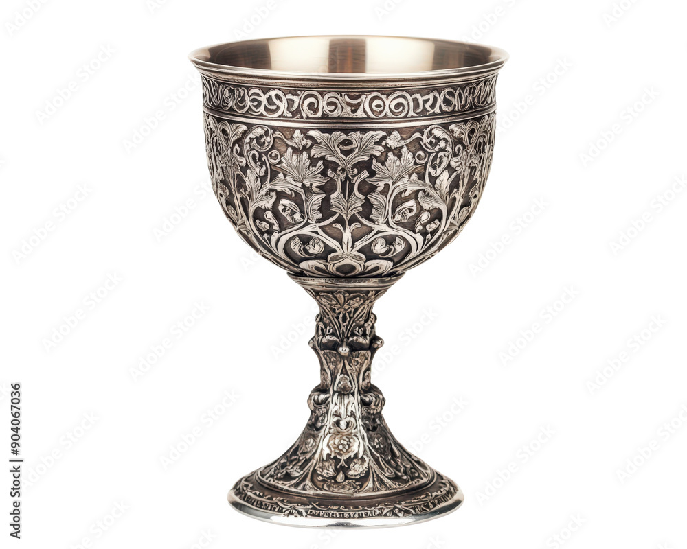 A silver cup with a floral design sits on a white background A silver cup with a floral design sits on a white background