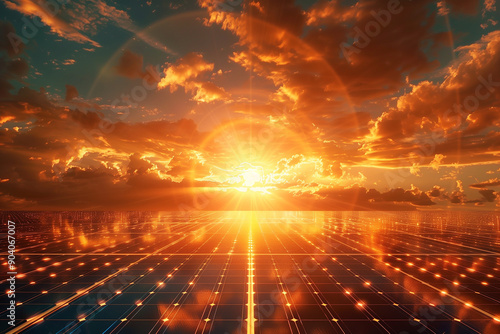 Symbol of Sustainability, Solar Panel and Sun, Solar panels represent renewable energy