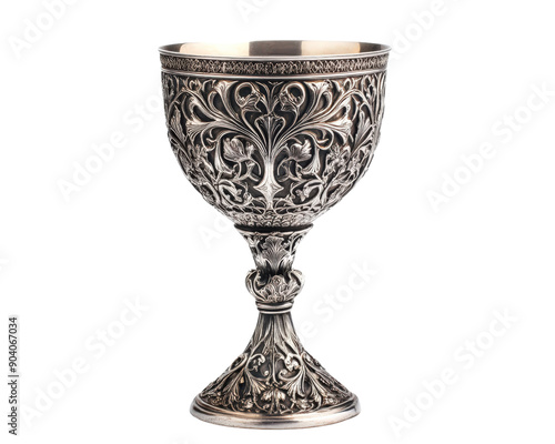 A silver cup with a floral design sits on a white background