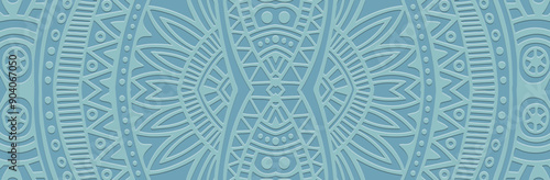 Banner, cover design. Relief geometric abstract 3D pattern on a blue background, embossing. Ethnic ornaments, arabesques, handmade. Tribal motifs of the East, Asia, India, Mexico, Aztec, Peru.
