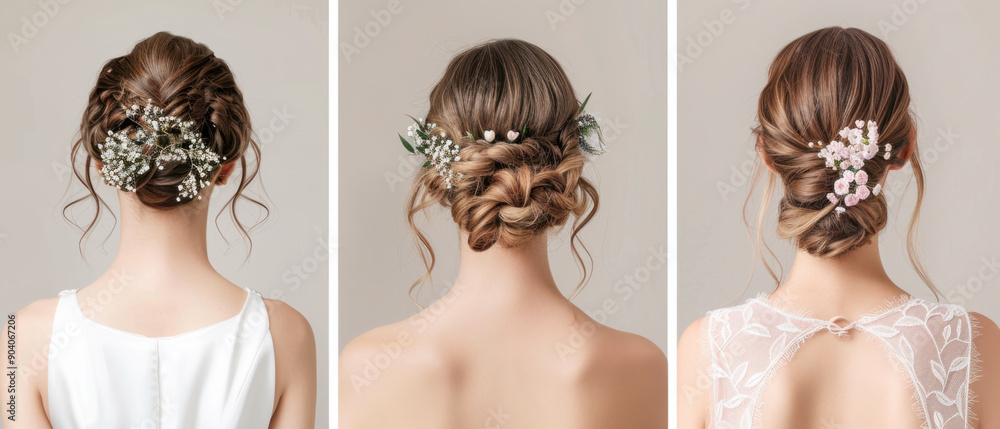 wedding hair style, Bride-to-be testing different wedding hairstyles like a sleek ponytail, messy bun, and vintage waves with the help of a professional hairstylist. wedding hair style, Bride-to-be testing different wedding hairstyles like a sleek ponytail, messy bun, and vintage waves with the help of a professional hairstylist.