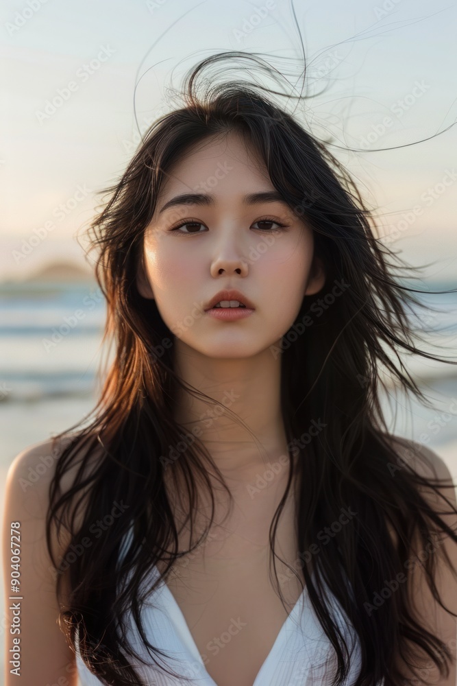 Young Asian woman with long brown hair standing on the beach, with the ocean in the background. Young Asian woman with long brown hair standing on the beach, with the ocean in the background.