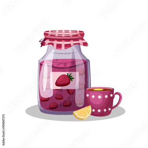 Vecto jar of strawberry jam and a cup of tea with lemon isolated on a white background.  Cozy autumn. Treating colds with warm drinks. Delicious and healthy drinks. Vector illustration. 