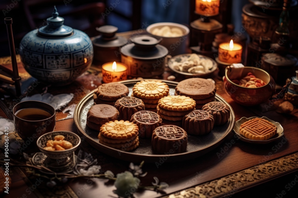 Mooncakes on a plate on a wooden table Mooncakes on a plate on a wooden table