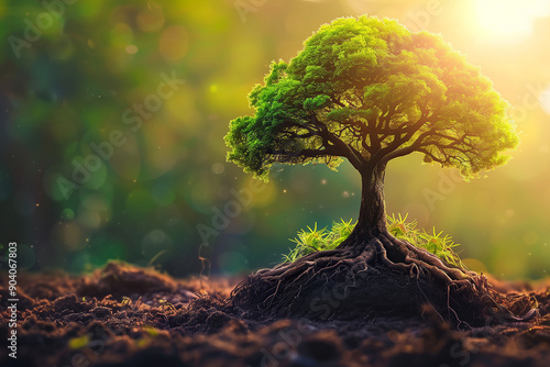 Symbol of Sustainability, Tree with Roots and Leaves, A large healthy tree with expansive roots and lush foliage