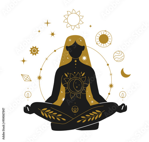 Mystical and esoteric women silhouettes. Magical yoga women. Celestial vector illustration
