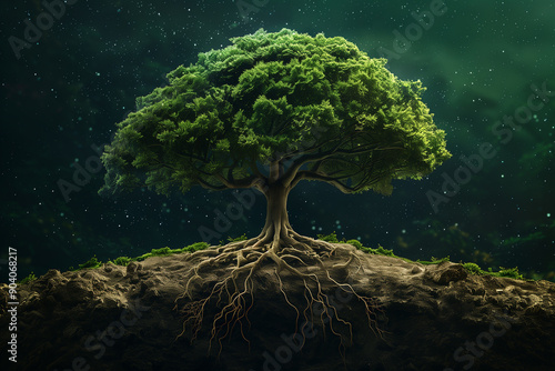 Symbol of Sustainability, Tree with Roots and Leaves, A large healthy tree with expansive roots and lush foliage