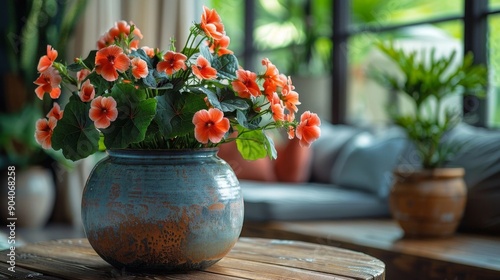 A vibrant vase filled with flowering begonias on a rustic wooden table in a cozy living room setting. photo