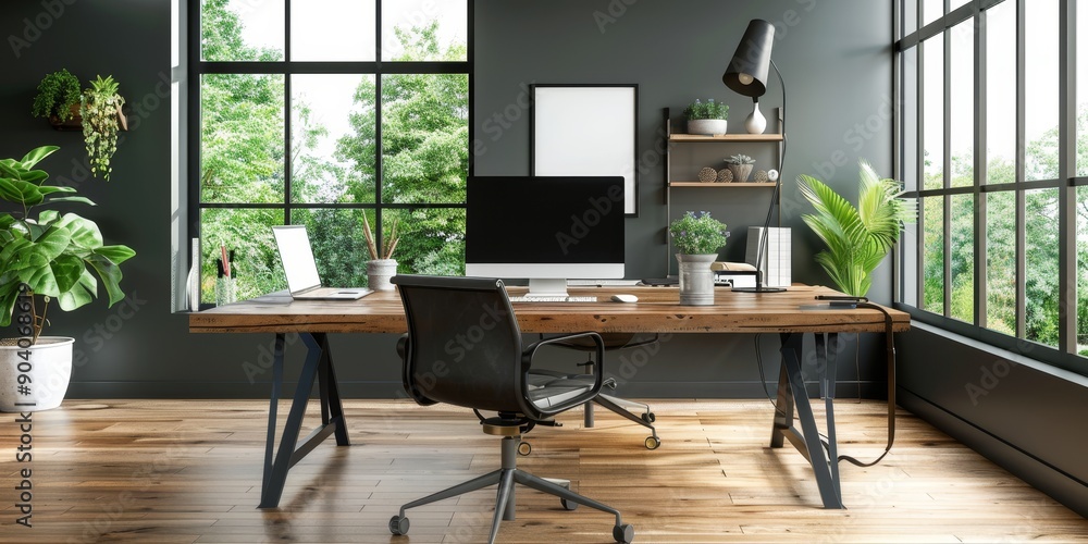 An empty wood table in a stylish home office, ready for productive work sessions and creative projects An empty wood table in a stylish home office, ready for productive work sessions and creative projects