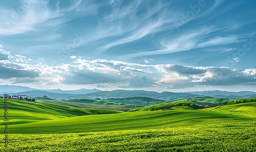 Rolling green fields extending to the horizon, with picturesque mountains and a sky filled with beautiful, textured clouds