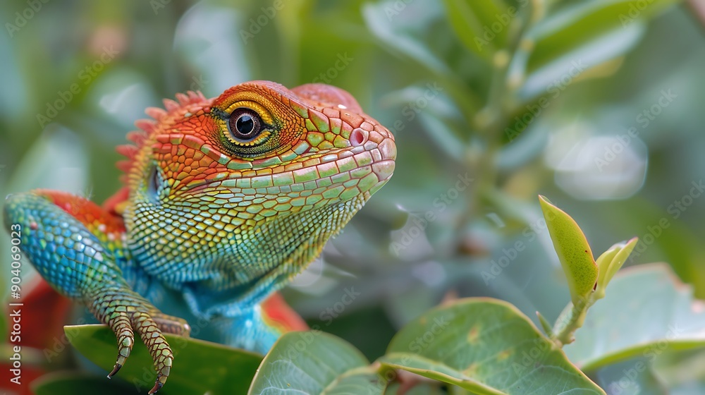 A closeup of a vibrant lizard merging into its surroundings A closeup of a vibrant lizard merging into its surroundings