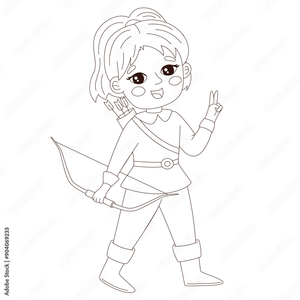 Charming coloring pages featuring a cute girl archer in a fairy tale ...