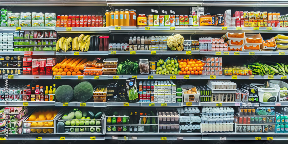 Fototapeta premium Clean and Organized: A pristine supermarket shelf with various groceries.
