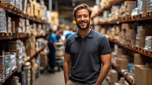 Confident Team Leader Smiling in Organized Book Warehouse of Book Wholesaler, Wearing Neat Work Outfit, with Employees Working in Background