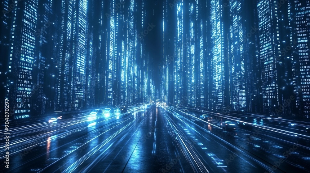 Ultra-Realistic Digital Cityscape Made of Binary Code with Light Trails Representing Cars, Symbolizing Urban Technology and Innovation, Set Against a Dark Blue Background Ultra-Realistic Digital Cityscape Made of Binary Code with Light Trails Representing Cars, Symbolizing Urban Technology and Innovation, Set Against a Dark Blue Background