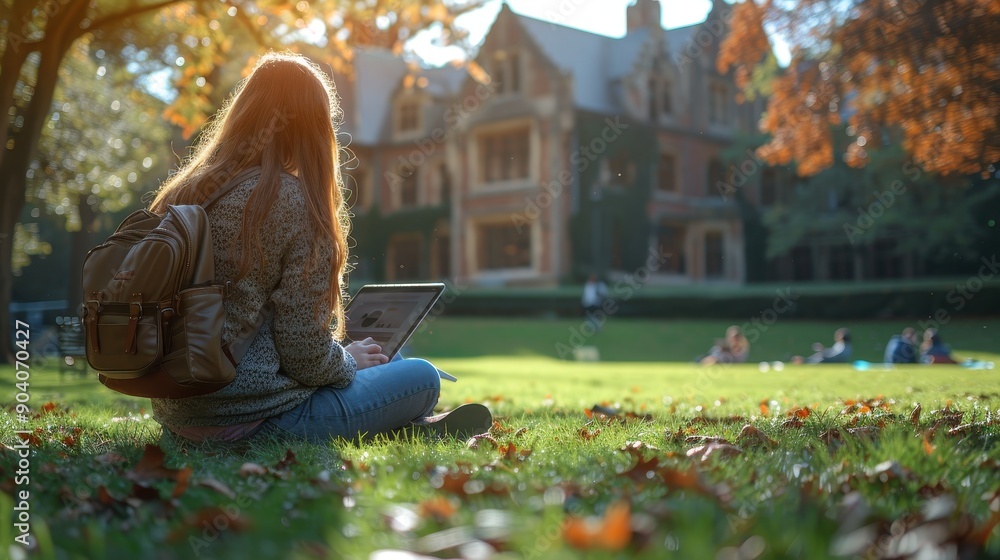 Fototapeta premium Student Studying Outdoors on Campus Lawn