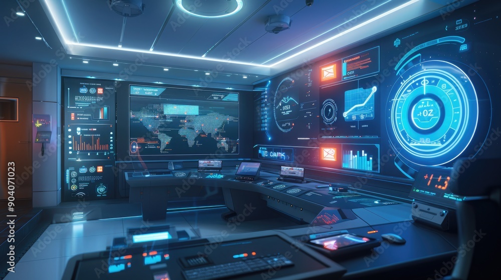 A futuristic control room for a smart home, featuring an energy management system with touchscreens displaying real-time energy data.