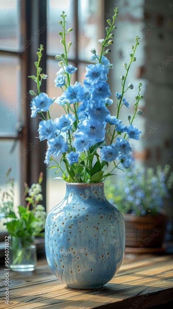 A vibrant arrangement of blue delphiniums in a handcrafted vase, enhancing a cozy interior space with natural light. A vibrant arrangement of blue delphiniums in a handcrafted vase, enhancing a cozy interior space with natural light.