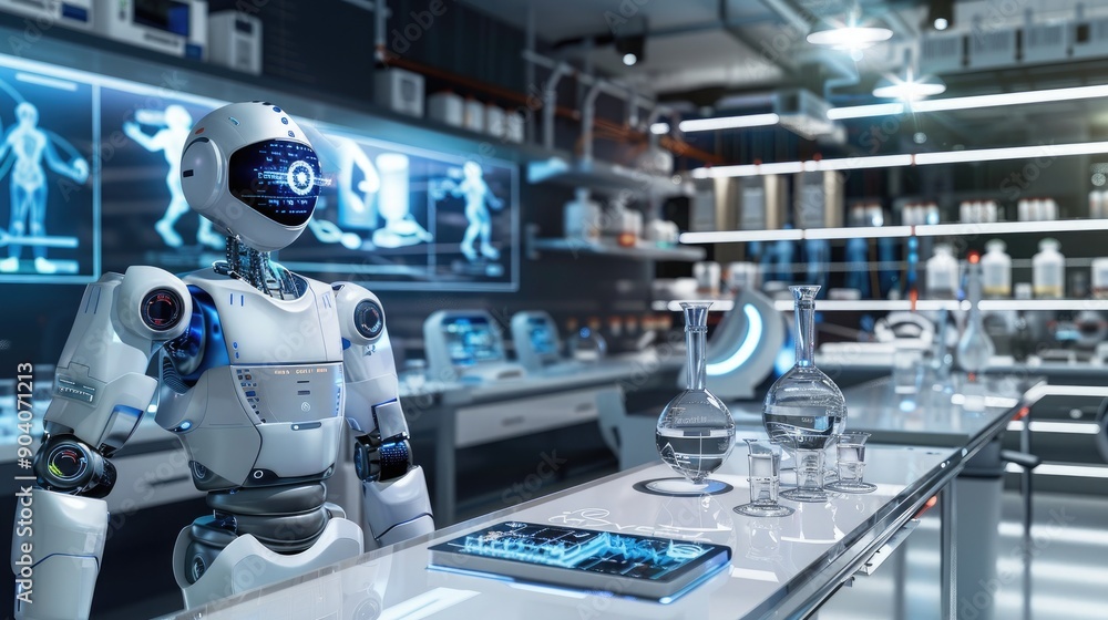 A futuristic diagnostic laboratory featuring AI tools and robotic systems, with holographic displays showing diagnostic results. A futuristic diagnostic laboratory featuring AI tools and robotic systems, with holographic displays showing diagnostic results.