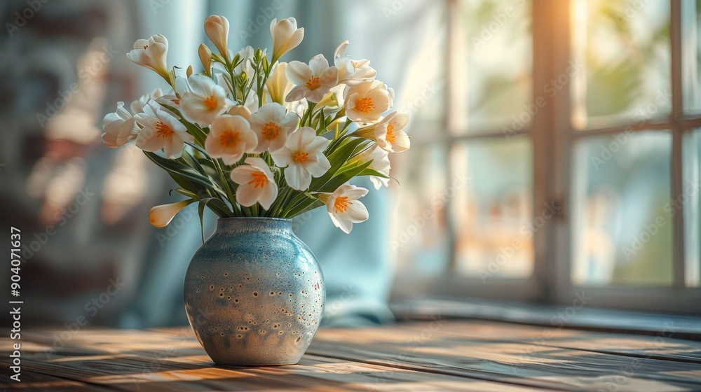 A beautiful arrangement of freesias in a decorative vase on a wooden table, illuminated by soft sunlight. A beautiful arrangement of freesias in a decorative vase on a wooden table, illuminated by soft sunlight.