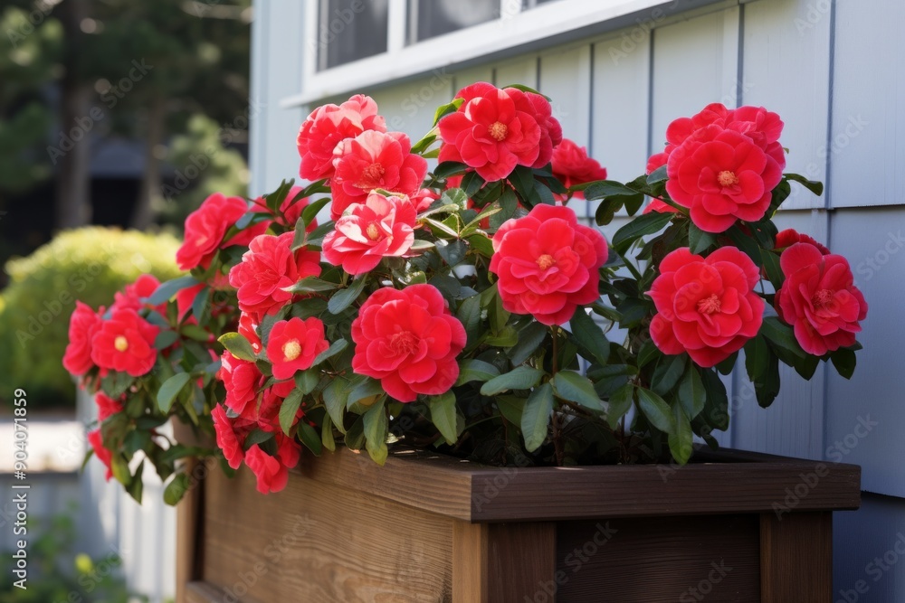 Naklejka premium Red Camellia flowers in wooden planter box beside house
