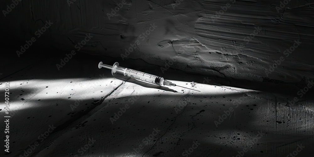 A single syringe, resting on a dirty white cloth, ominously casting its shadow across a dimly lit wall. A single syringe, resting on a dirty white cloth, ominously casting its shadow across a dimly lit wall.