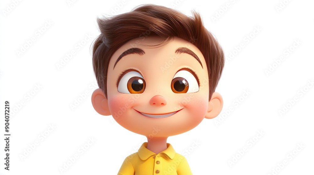 A cute cartoon boy with short hair and big eyes, smiling brightly in a playful pose A cute cartoon boy with short hair and big eyes, smiling brightly in a playful pose