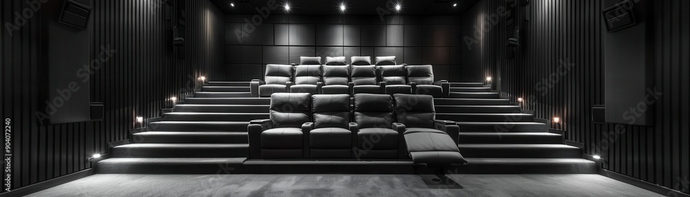 Obraz premium A home theater with reclining seats, friends enjoying a movie night together, front view, emphasizing the luxury entertainment experience, advanced tone, Monochromatic Color Scheme