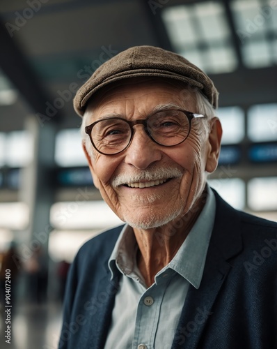 elderly man airport terminal background smiling happy portrait with copy space photo