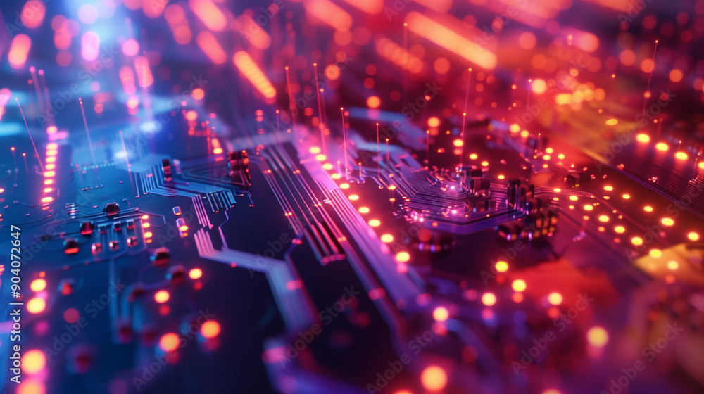 Close-up of illuminated circuit board with electronic components. Close-up of illuminated circuit board with electronic components.