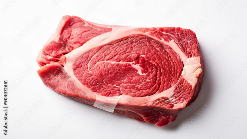 Fototapeta premium High quality close-up image of raw fresh beef on white background. for culinary blogs, food magazines and cooking websites. Illustration of recipes, butcher shops and food industry materials.
