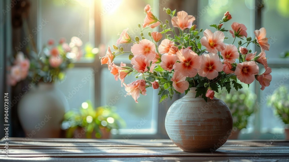 A beautiful vase of peach-colored hollyhocks brightens a stylish and cozy interior, creating a serene atmosphere. A beautiful vase of peach-colored hollyhocks brightens a stylish and cozy interior, creating a serene atmosphere.