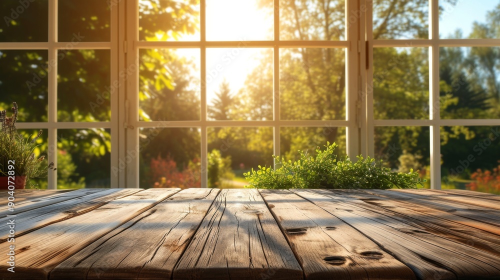 A wooden table with a view of a sunny summer landscape through a window A wooden table with a view of a sunny summer landscape through a window