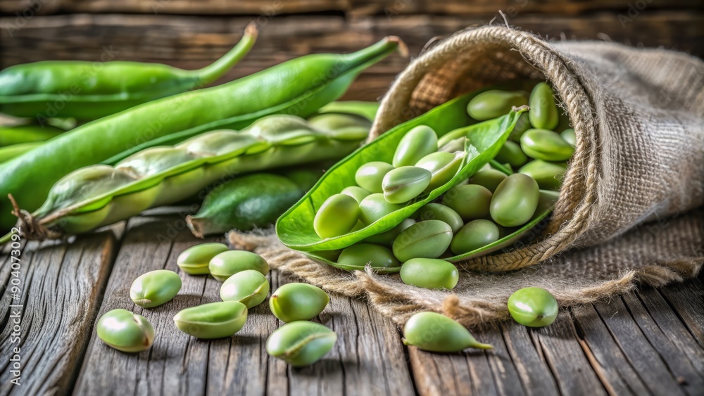 Fresh green broad beans spill out of torn pod lying on rustic wooden table amidst scattered greyish-white empty husks remnants. Fresh green broad beans spill out of torn pod lying on rustic wooden table amidst scattered greyish-white empty husks remnants.
