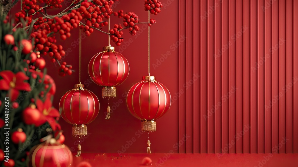 Festive background Happy New Year in Asian style. Happy Chinese New Year banner background template. Decoration with traditional festival lanterns on a red background. Festive background Happy New Year in Asian style. Happy Chinese New Year banner background template. Decoration with traditional festival lanterns on a red background.