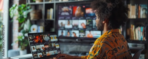 A person at a desk with a laptop browsing through streaming service subscriptions photo