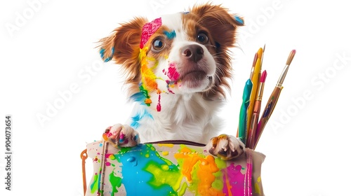 Back to school, cute sorry dog with a schoolbag covered with colorful paint stains, cut out and isolated on transparent backgroundBack to school, cute sorry dog with a schoolbag covered with colorful  photo