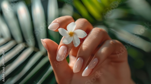 Beautifully manicured nails on a woman's hand, holding a delicate flower.