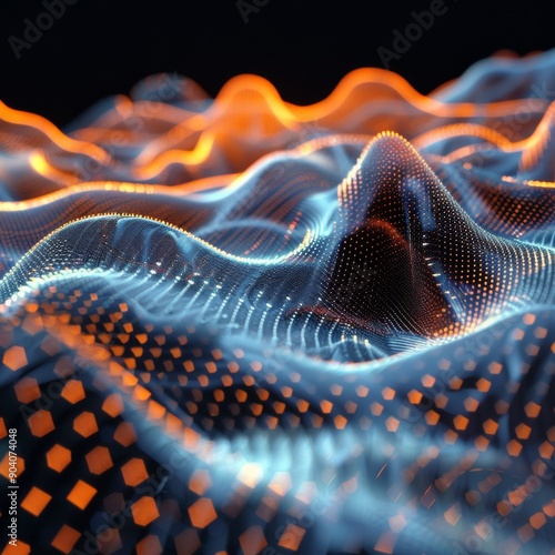 Vibrant abstract waves of dots and lines create a dynamic visual representation of data and technology.