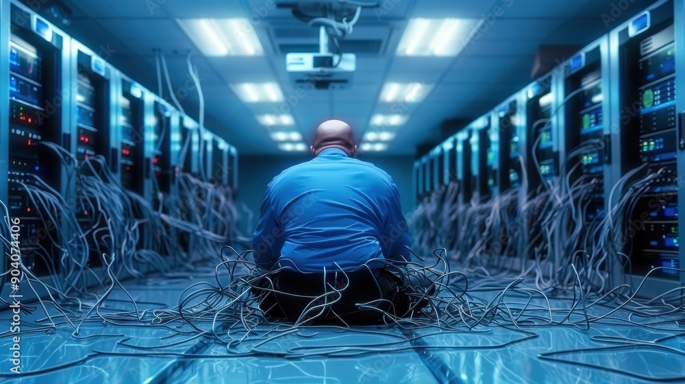 A technician surrounded by tangled cables, reflecting the complexity of modern data centers and network management. A technician surrounded by tangled cables, reflecting the complexity of modern data centers and network management.