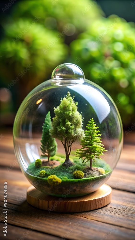 Vertical banner, miniature cute forest inside glass paperweight, on table, for décor, decoration. Vertical banner, miniature cute forest inside glass paperweight, on table, for décor, decoration.