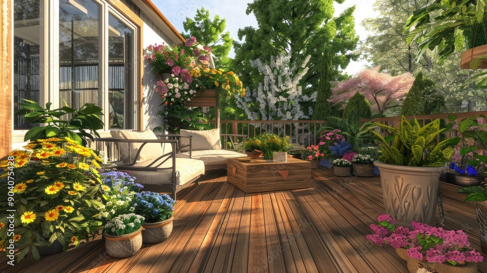 A backyard deck with cozy seating and flower pots filled with lush greenery and bright blooms. A backyard deck with cozy seating and flower pots filled with lush greenery and bright blooms.