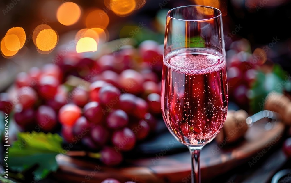 Elegant glass of rose wine with sparkling bubbles, surrounded by fresh red grapes, perfect for celebrations and wine tasting events. Elegant glass of rose wine with sparkling bubbles, surrounded by fresh red grapes, perfect for celebrations and wine tasting events.