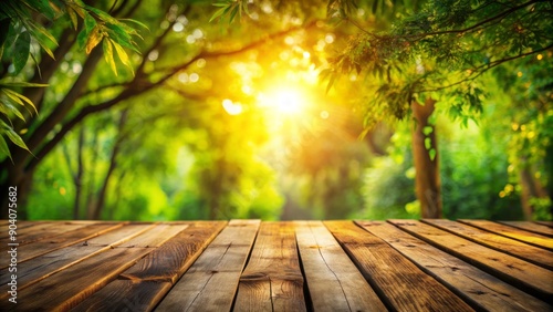 Blurred outdoor scenery with lush greenery, rustic wooden planks, and warm golden light filtering through the intricate tree branches above. photo