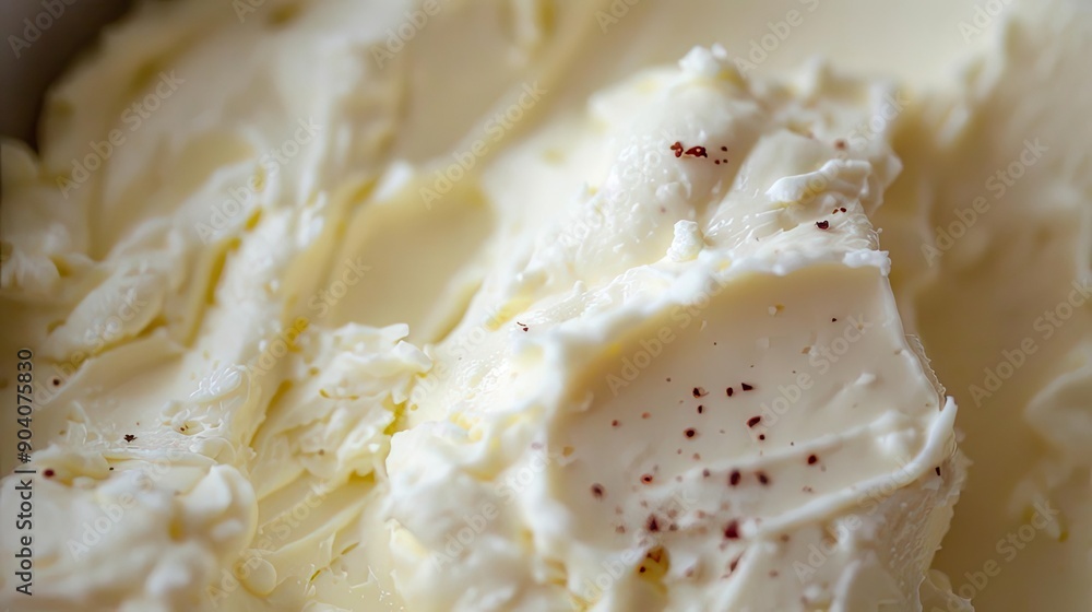 Close-up of creamy vanilla ice cream with specks of vanilla bean, showcasing its smooth and rich texture. Close-up of creamy vanilla ice cream with specks of vanilla bean, showcasing its smooth and rich texture.
