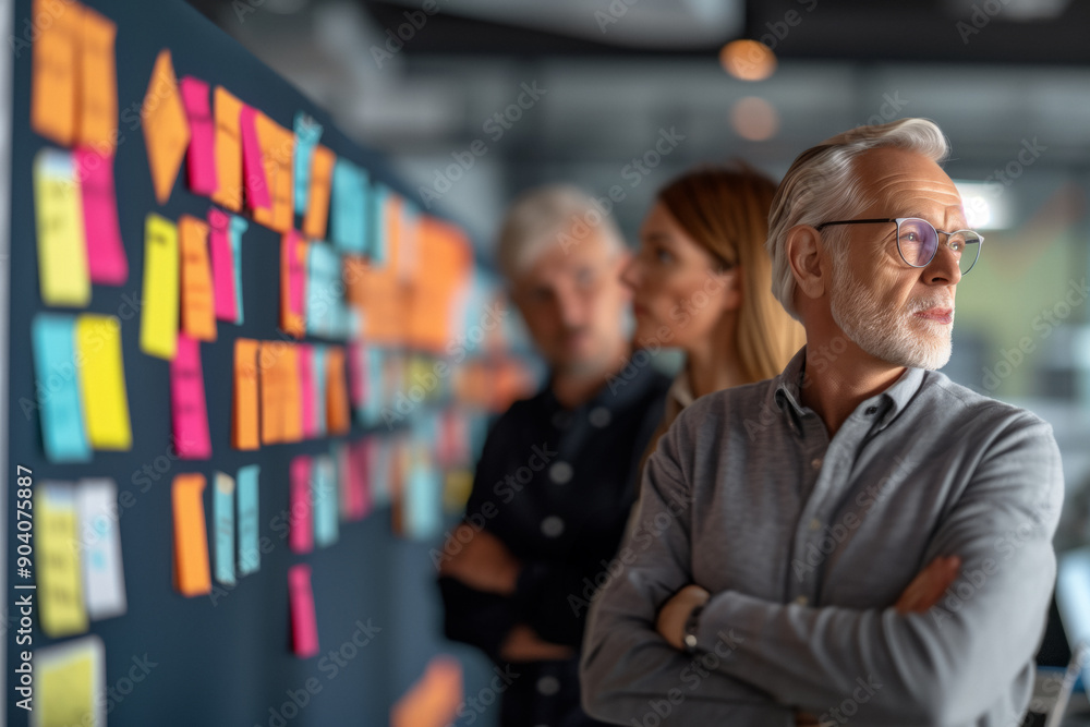 A diverse group of middle-aged people engaged in a brainstorming session, focused on a wall covered with colorful sticky notes. The scene depicts collaboration and teamwork in a professional setting. A diverse group of middle-aged people engaged in a brainstorming session, focused on a wall covered with colorful sticky notes. The scene depicts collaboration and teamwork in a professional setting.