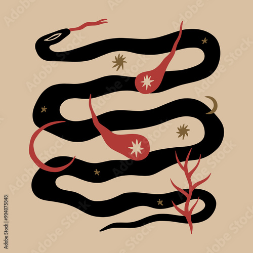 Cartoon ethnic mascot boho snake funny groovy whimsical flat art. Doodle stellar celestial cute astronomy and astrology details. Hand-drawn bohemian composition. Mystical Moon serpent totem animal